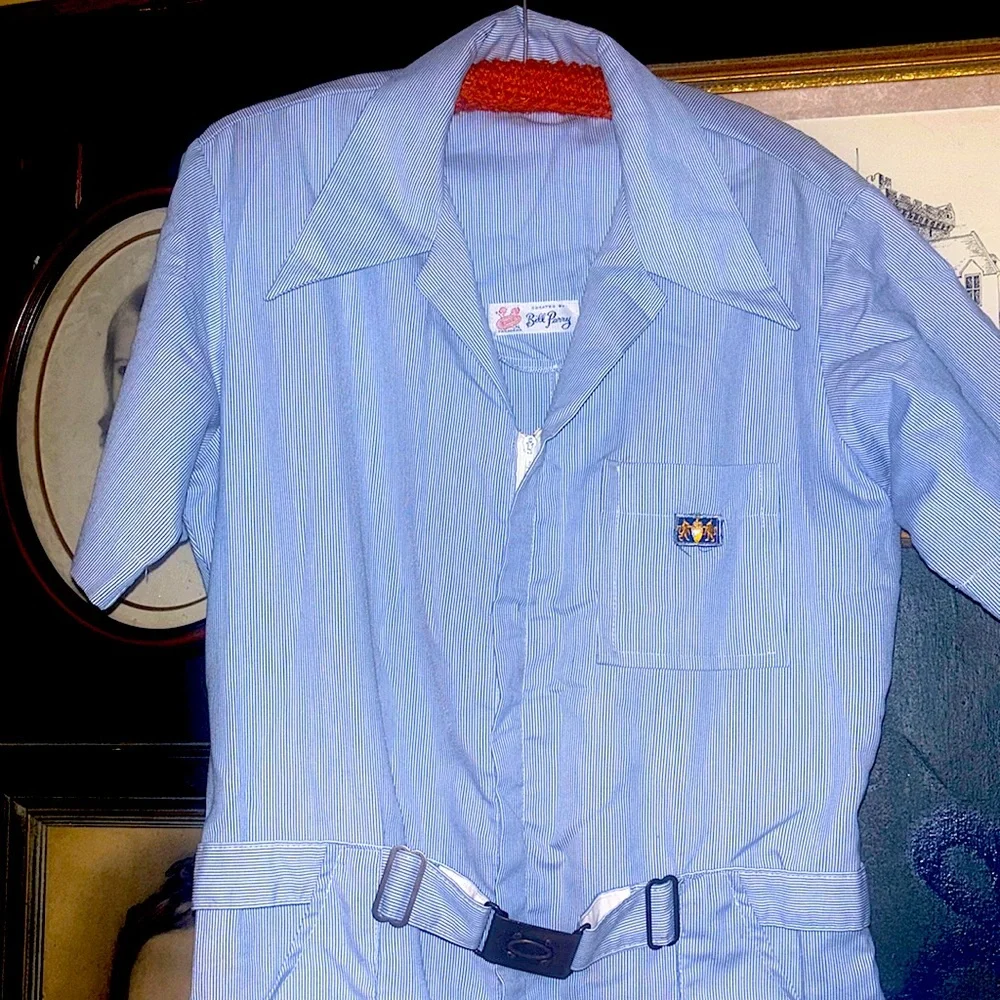 ORIG VTG Bill Parry Pinstriped Seersucker leisure suit with bronze buckle - Picture 2 of 15